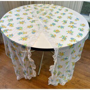 Vintage 80s curtains, white, orange, blue, green floral ruffled, pair of panels